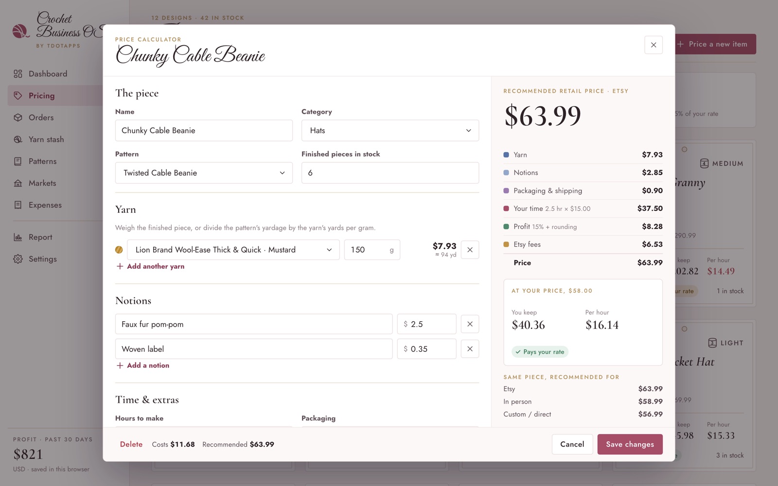 The price calculator with a recommended price breakdown