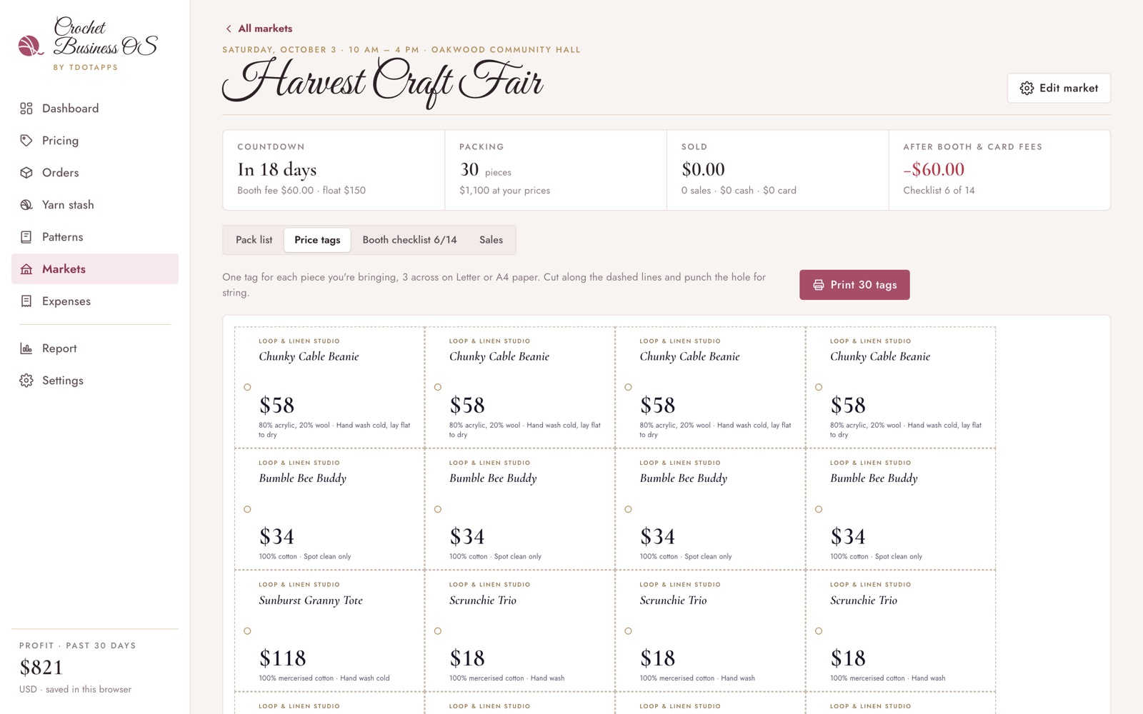 Printable price tags for a craft fair