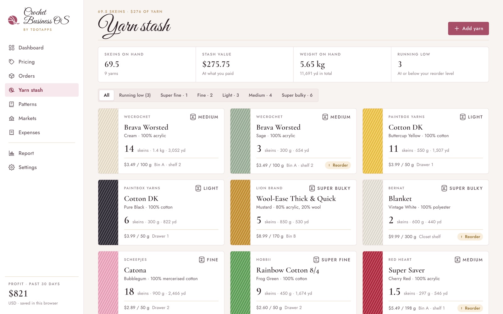 Yarn stash cards with color swatches